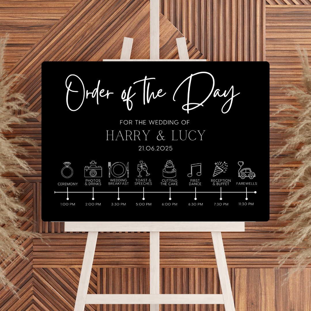 Timeless design white order of the day sign for weddings - personalised - customizable