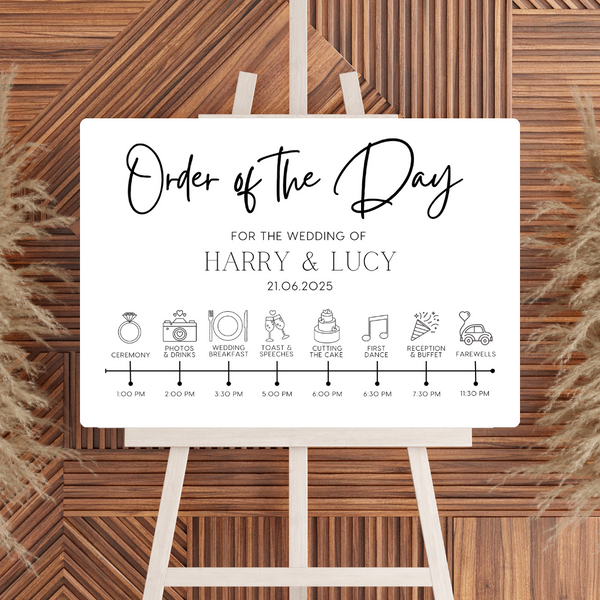 Timeless design white order of the day sign for weddings - personalised - customizable