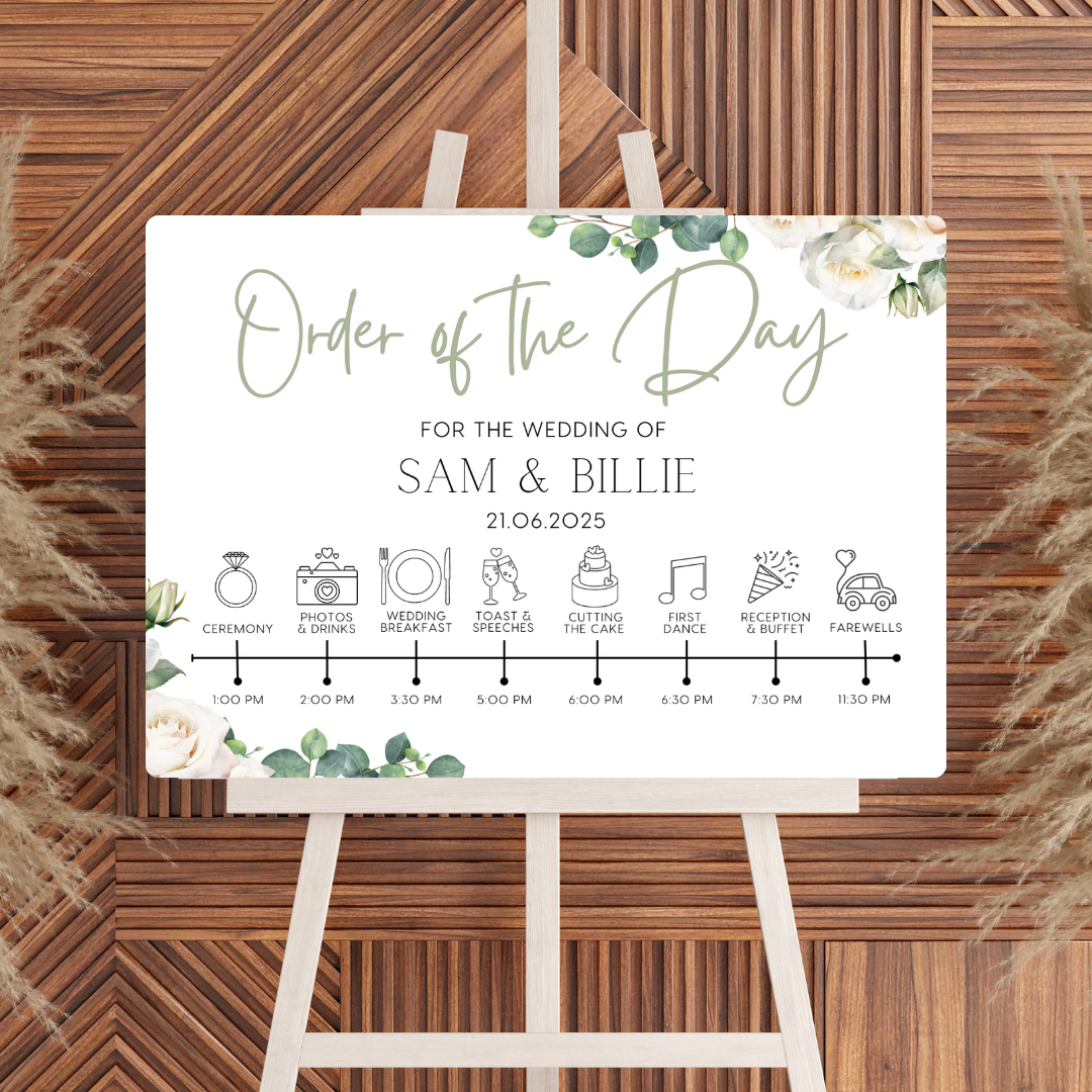 white roses floral order of the day sign for weddings - personalised - customizable