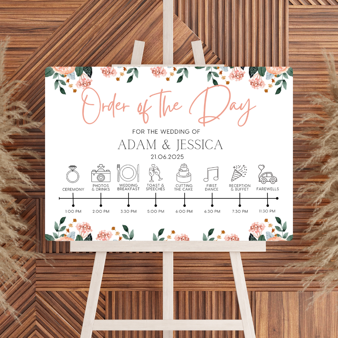 pink and peach floral order of the day sign for weddings - personalised - customizable