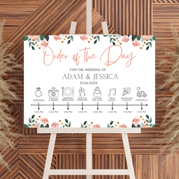 pink and peach floral order of the day sign for weddings - personalised - customizable