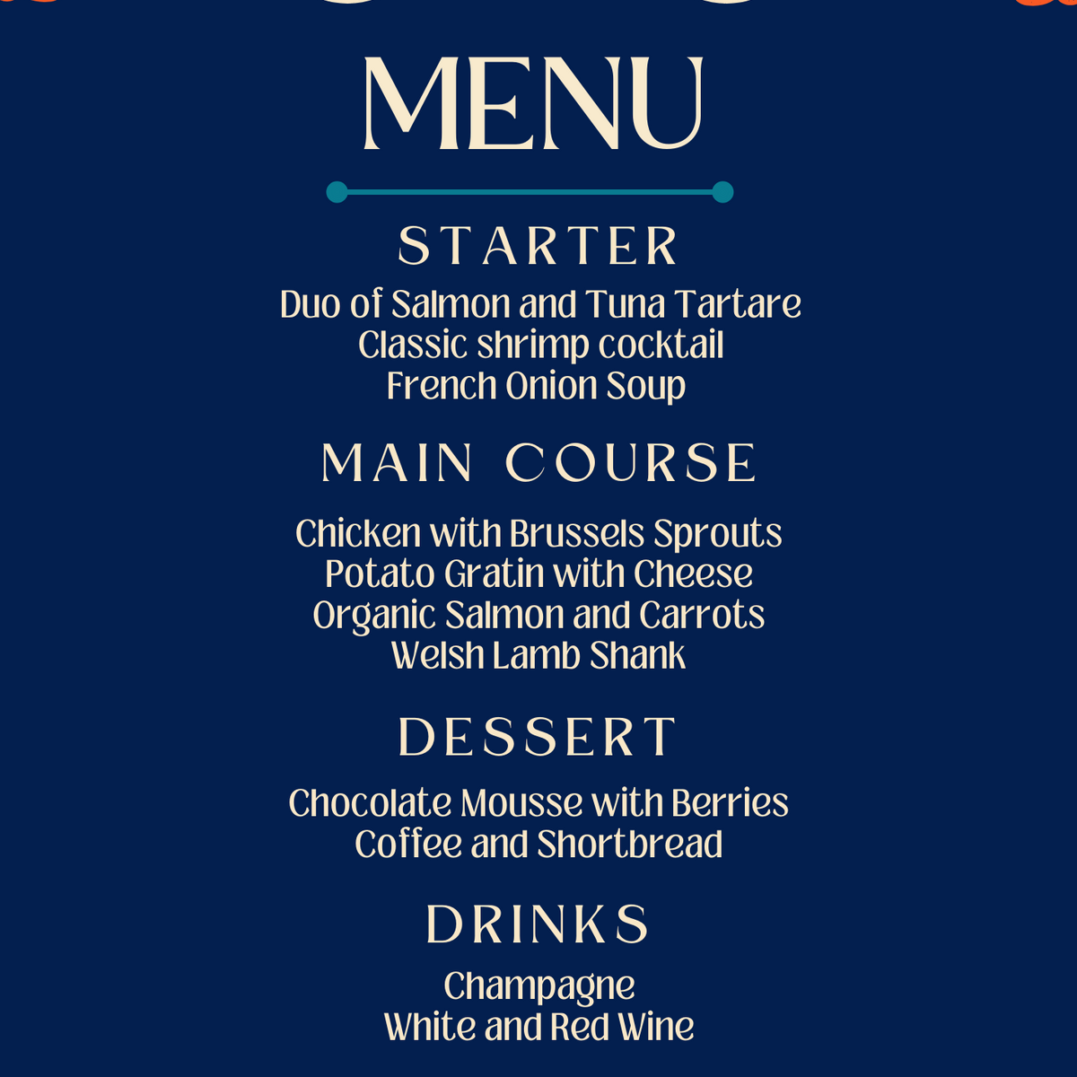 retro navy personalised wedding menu - affordable custom wedding menus