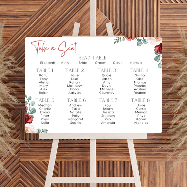 Red and cream floral seating plan sign for wedding - personalised wedding sign