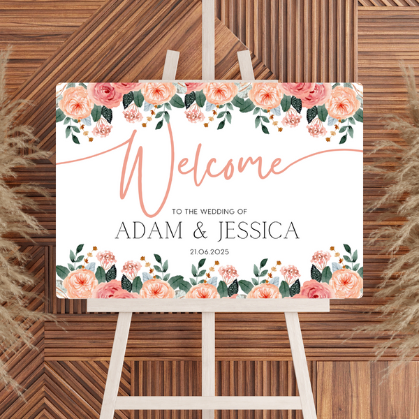 pink and peach floral wedding welcome sign - personalised wedding signs