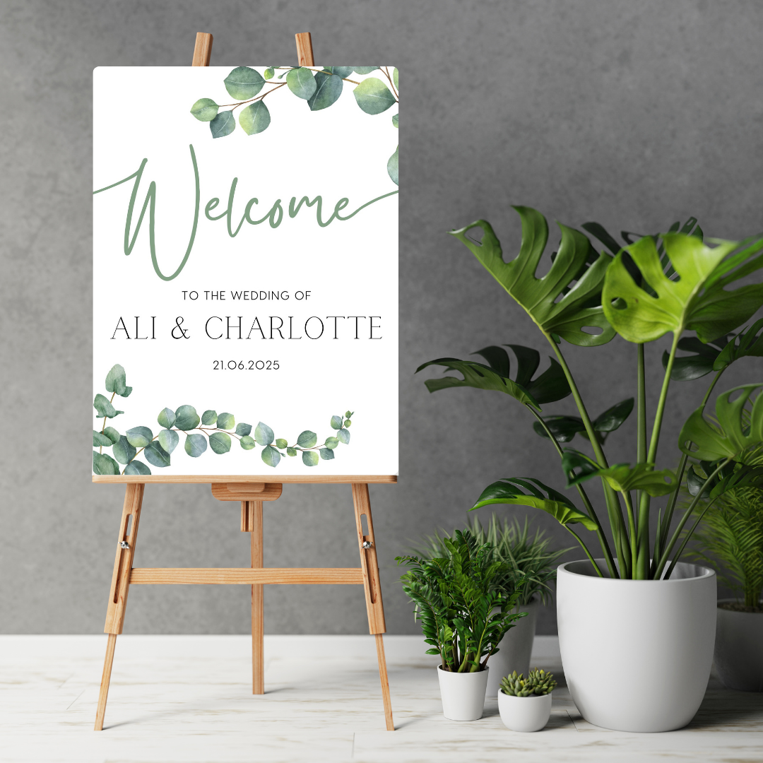 wedding welcome sign featuring eucalyptus foliage