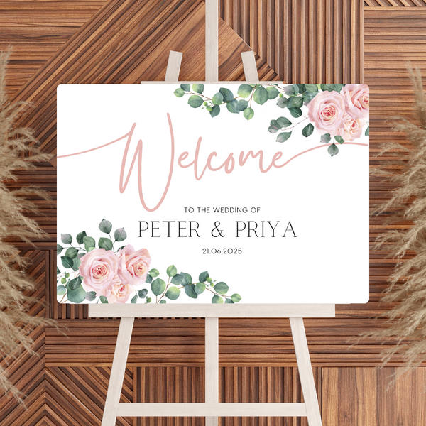 Pink Roses Floral Welcome Sign