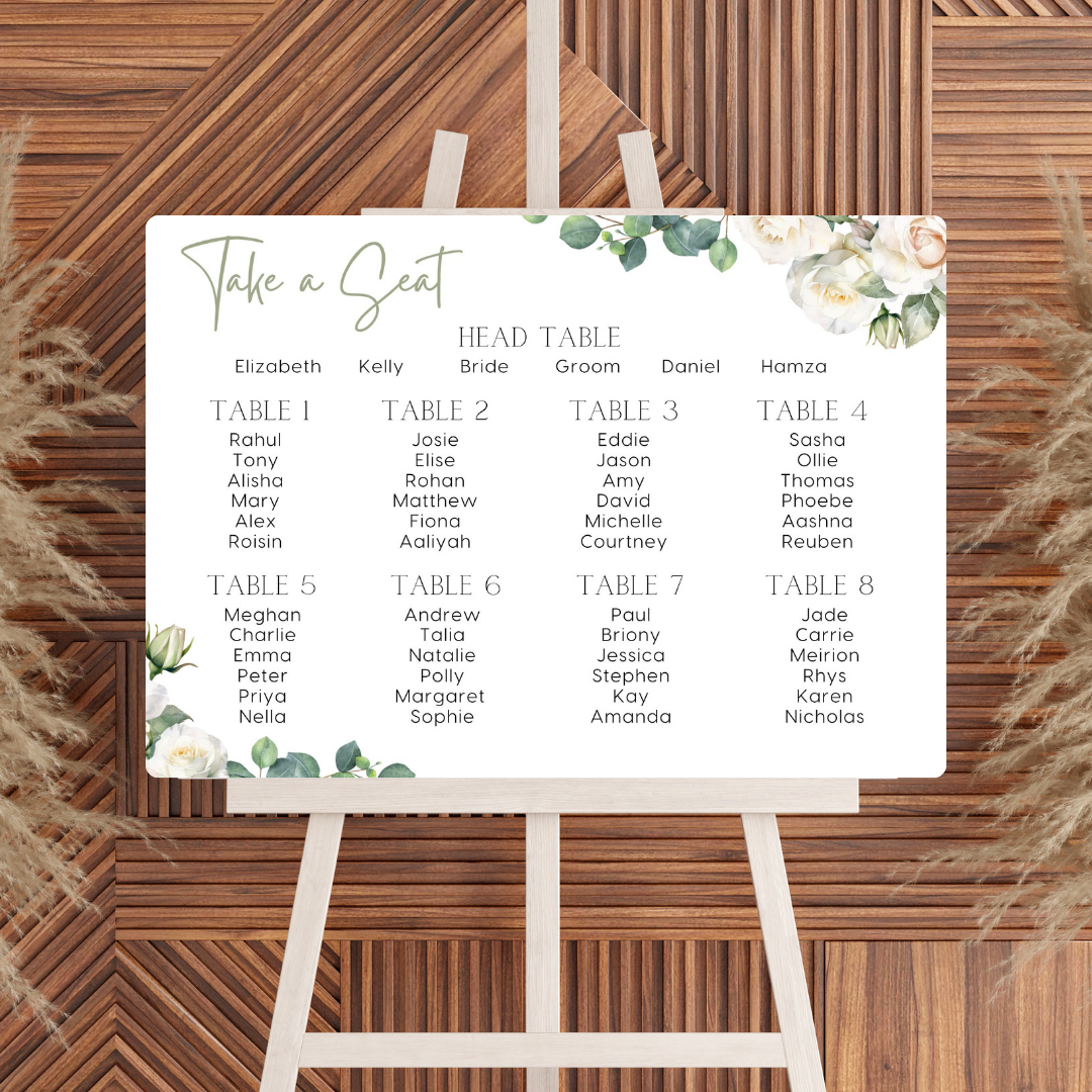 white roses floral seating plan wedding sign - personalised wedding sign