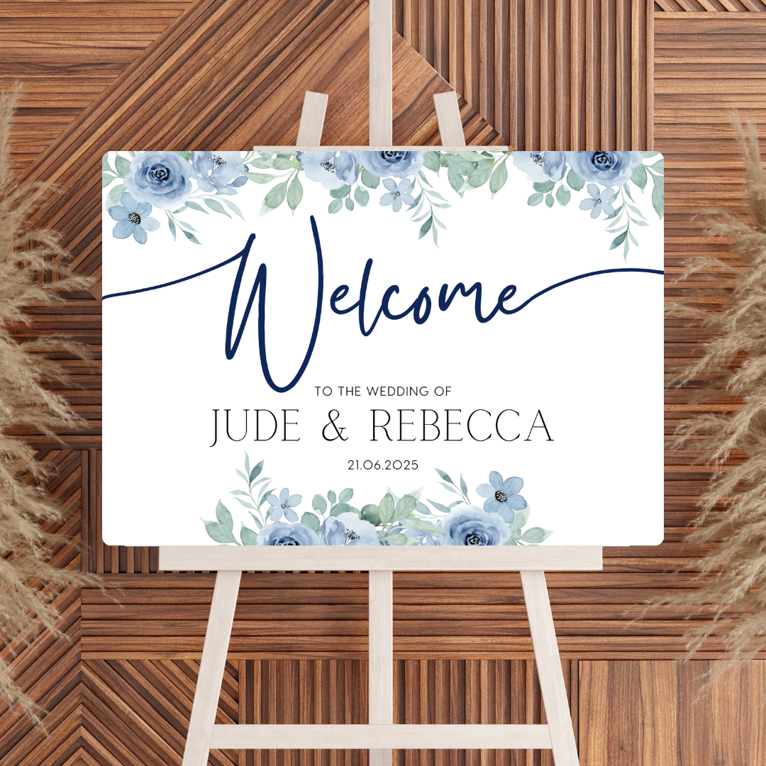 blue floral wedding welcome sign - personalised wedding signs