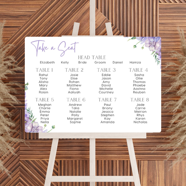 lilac and lavender floral seating plan sign for wedding - personalised wedding sign