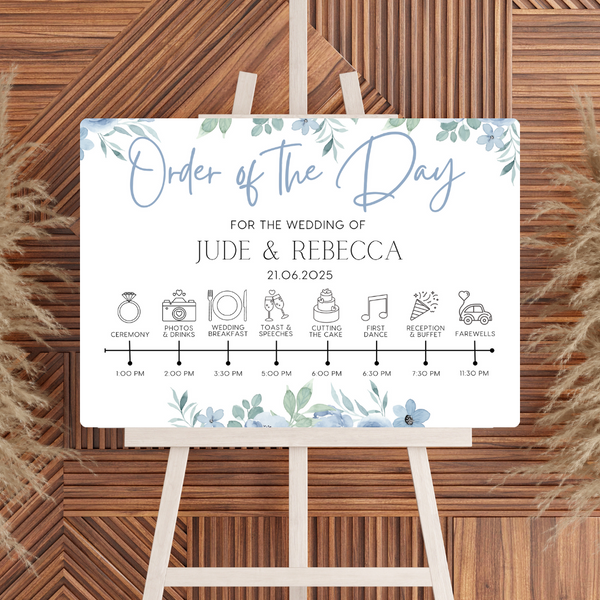 blue floral order of the day sign for weddings - personalised - customizable