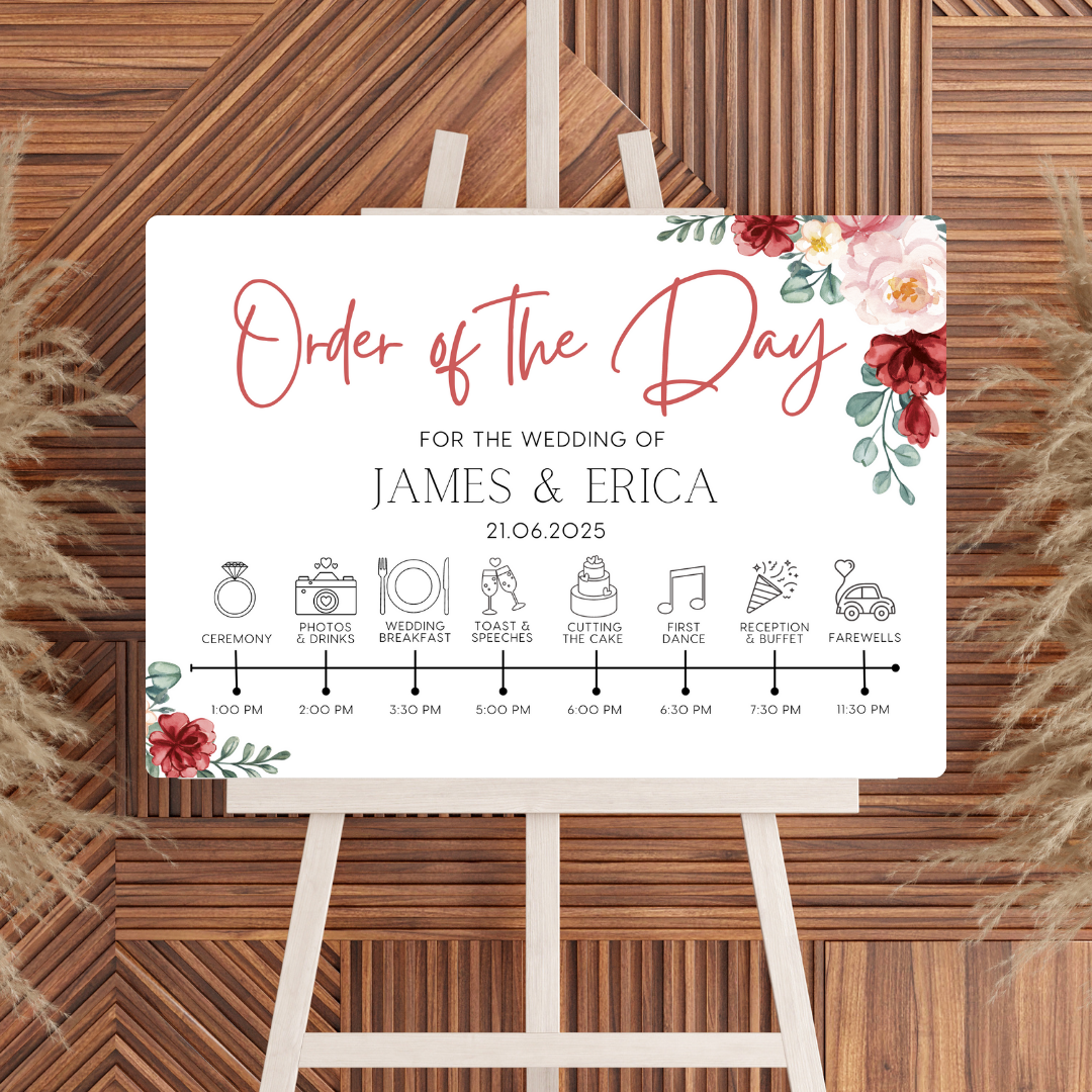 Red and cream floral order of the day sign for weddings - personalised - customizable