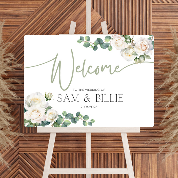 white roses floral wedding welcome sign - personalised wedding signs