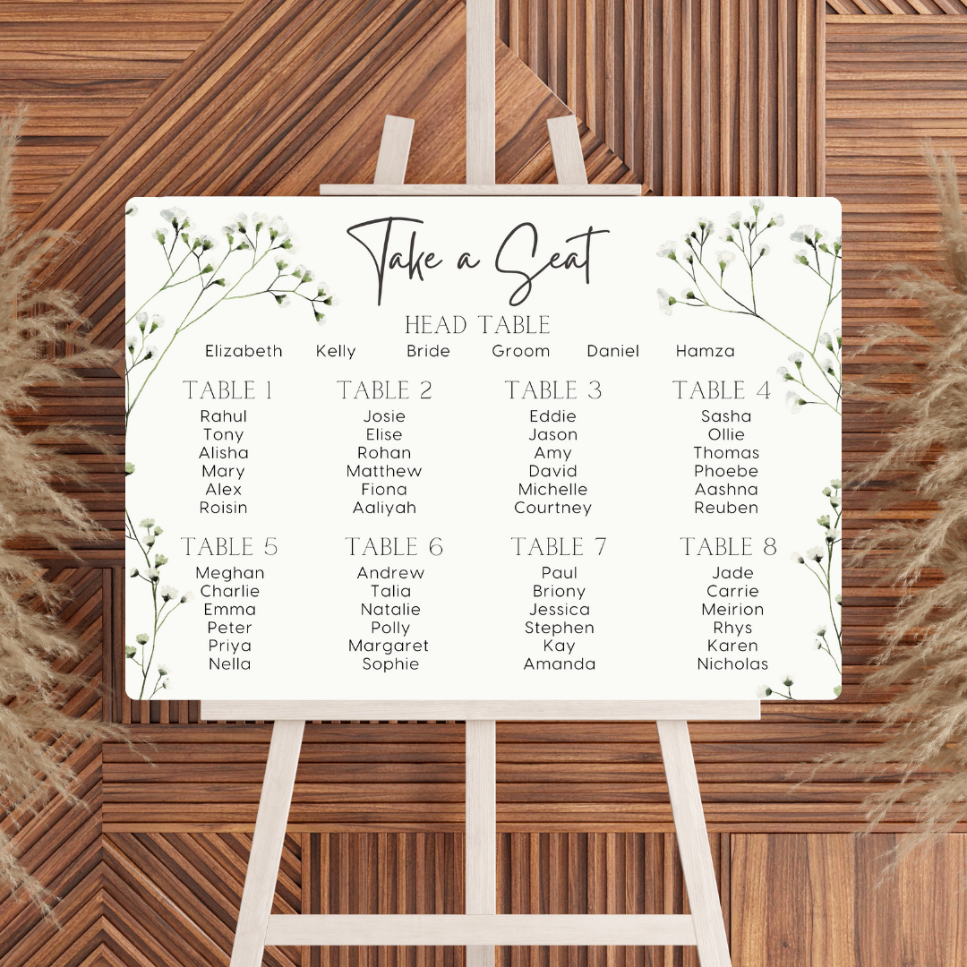 baby's breath floral seating plan wedding sign - affordable perosnalised wedding signs