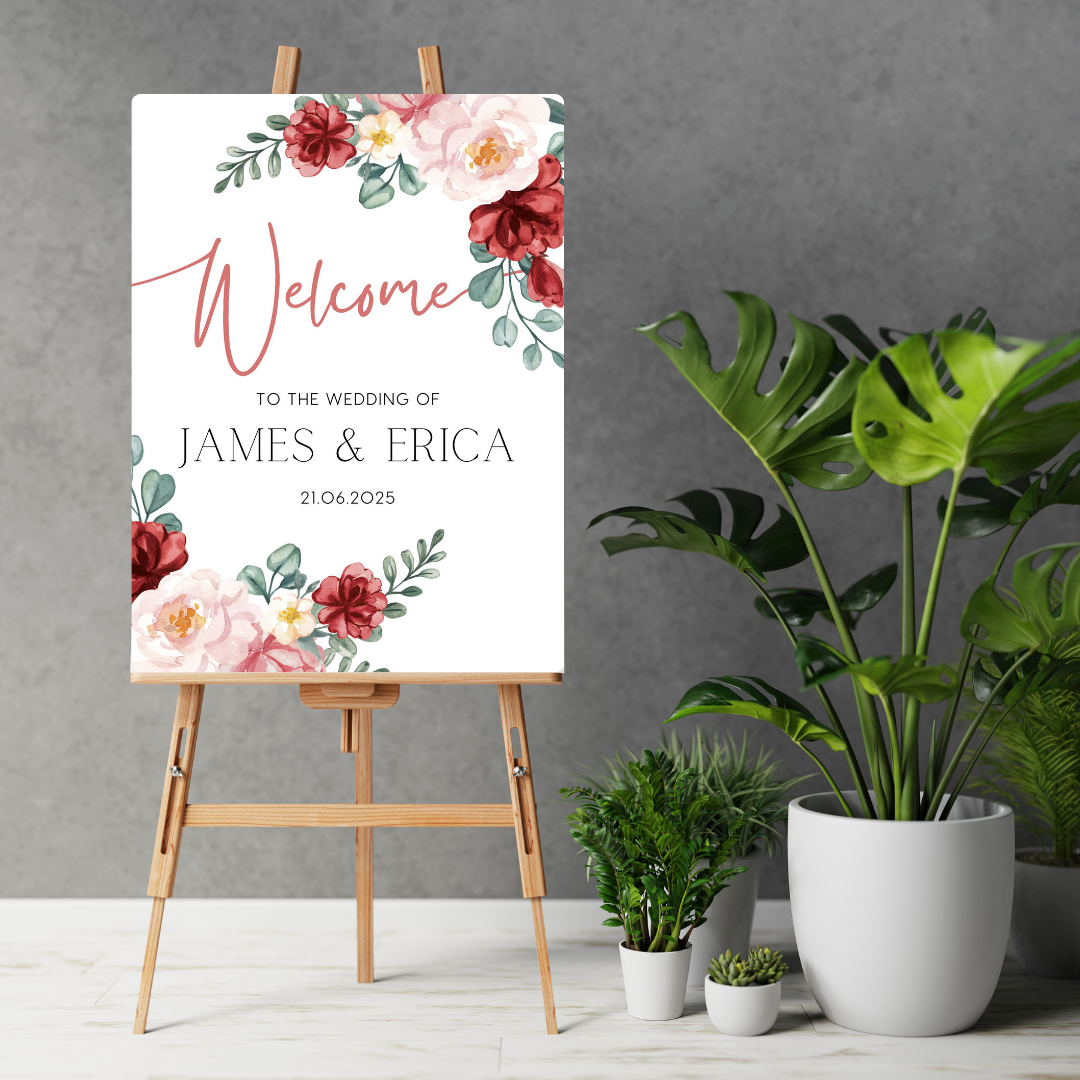 red and cream floral wedding welcome sign - personalised wedding signs