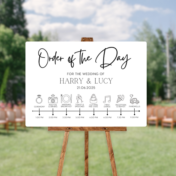 Timeless design white order of the day sign for weddings - personalised - customizable