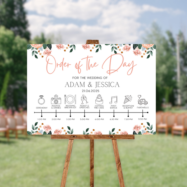 pink and peach floral order of the day sign for weddings - personalised - customizable