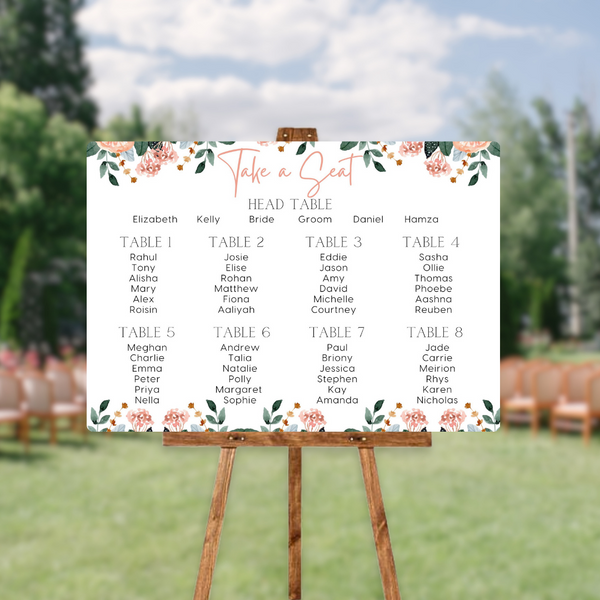 pink and peach floral seating plan sign for wedding - personalised wedding sign