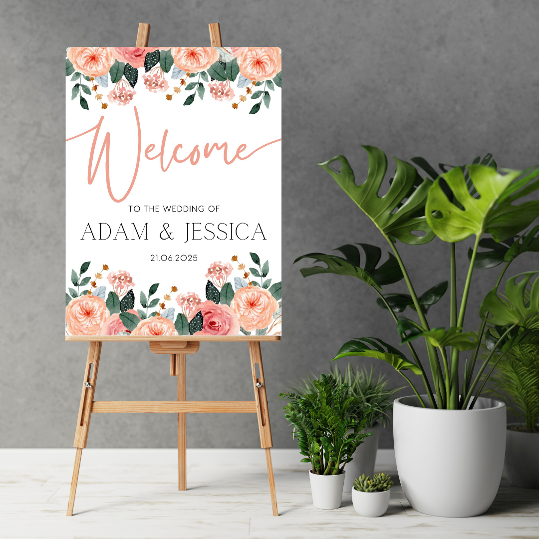 pink and peach floral wedding welcome sign - personalised wedding signs