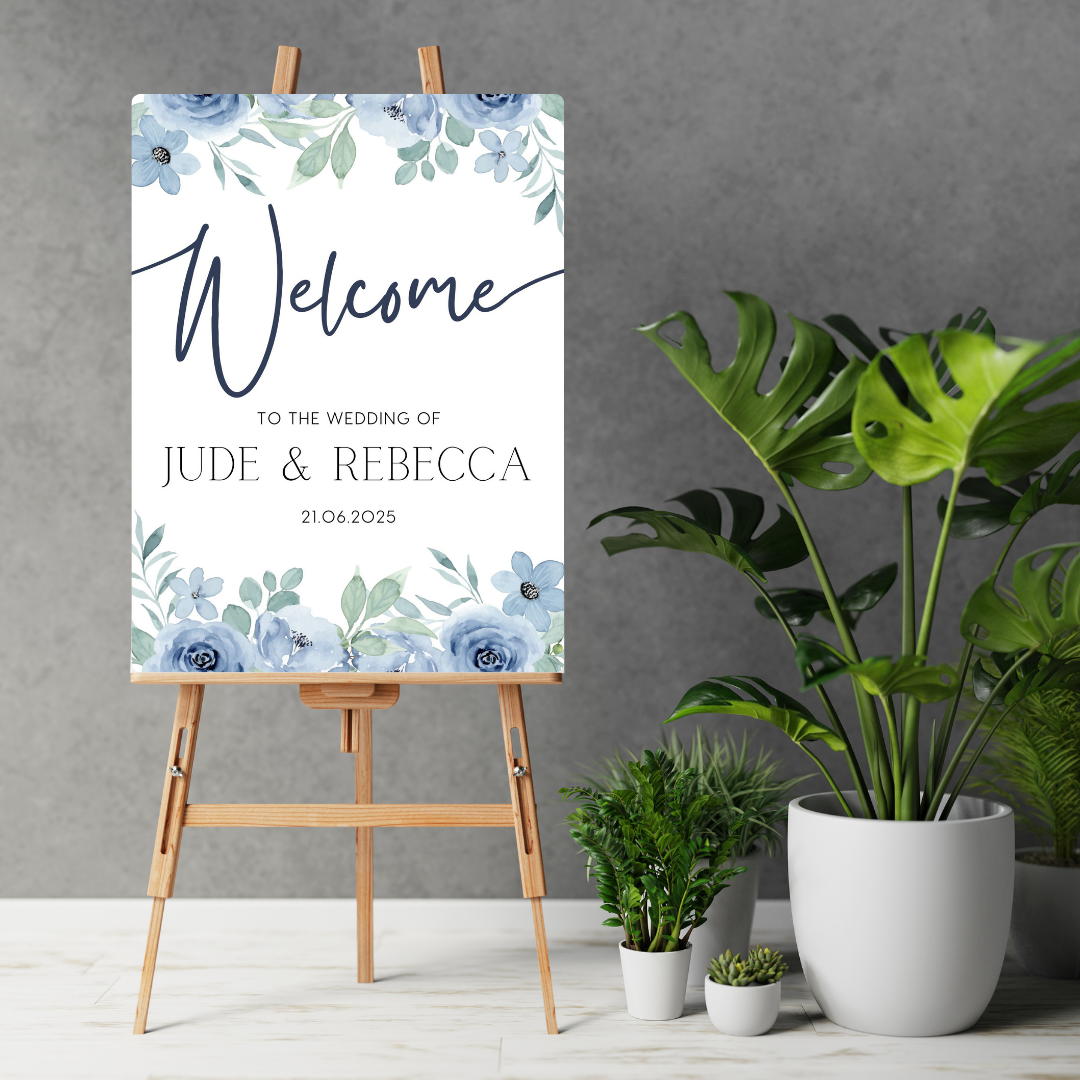 blue floral wedding welcome sign - personalised wedding signs