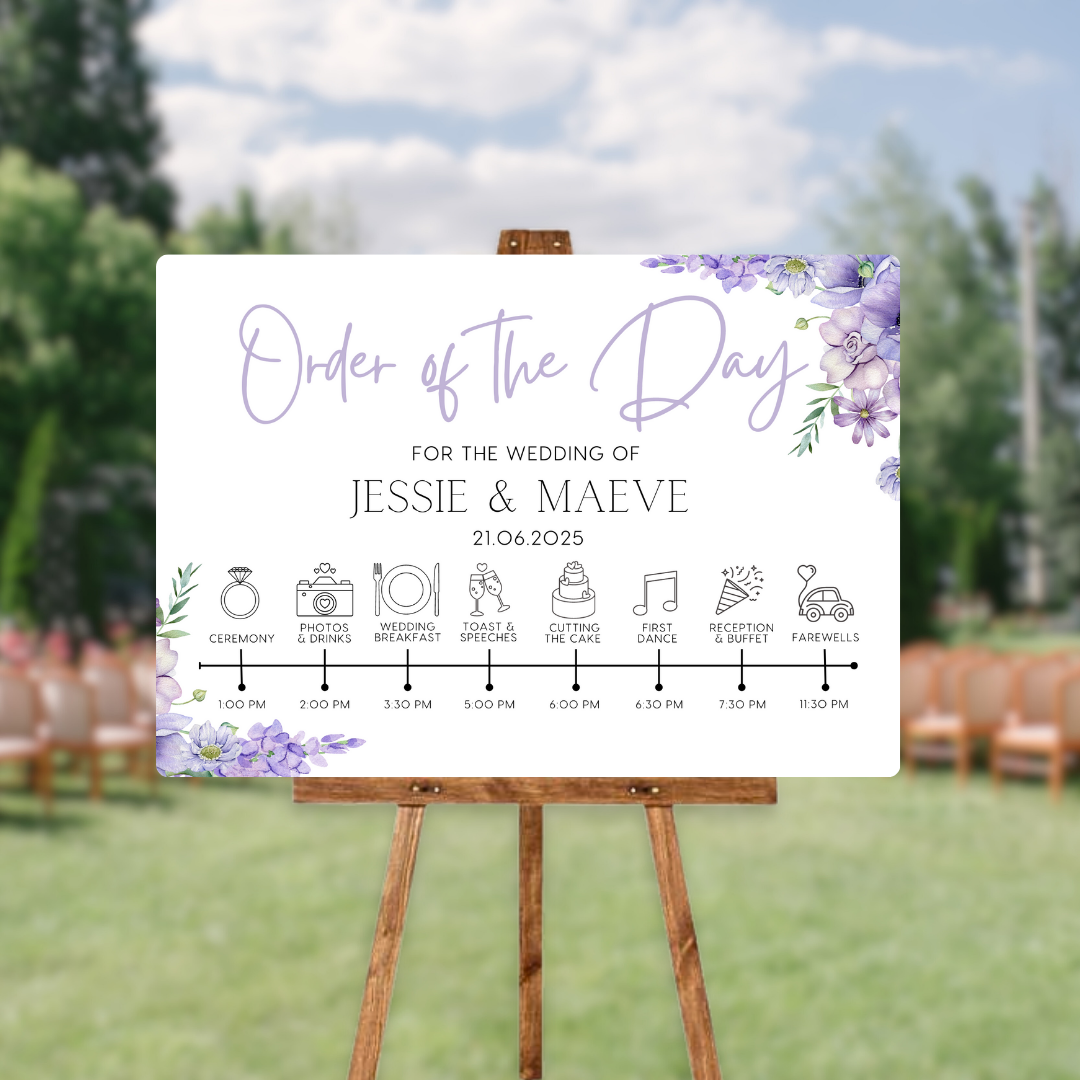 lilac floral order of the day sign for weddings - personalised - customizable