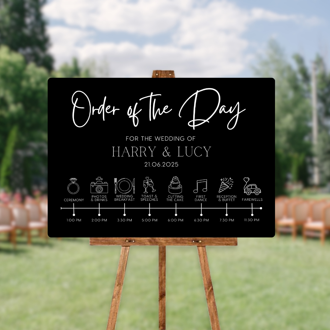 Timeless design white order of the day sign for weddings - personalised - customizable