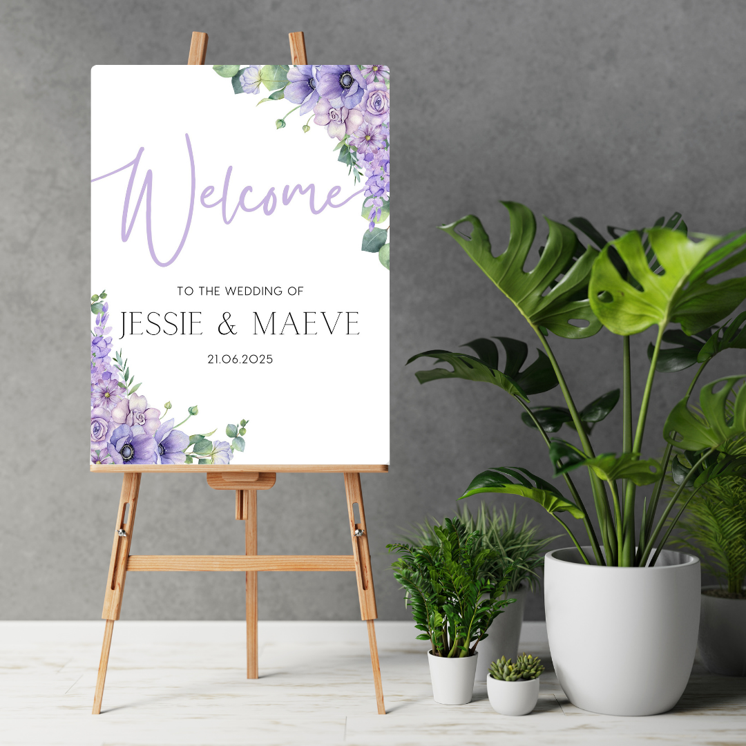 lilac and lavender floral wedding welcome sign - personalised wedding signs