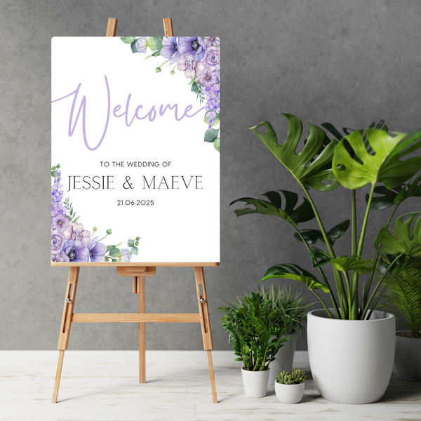 lilac and lavender floral wedding welcome sign - personalised wedding signs