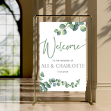 wedding welcome sign featuring eucalyptus foliage