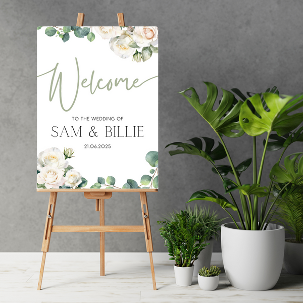 White Roses Floral Welcome Sign