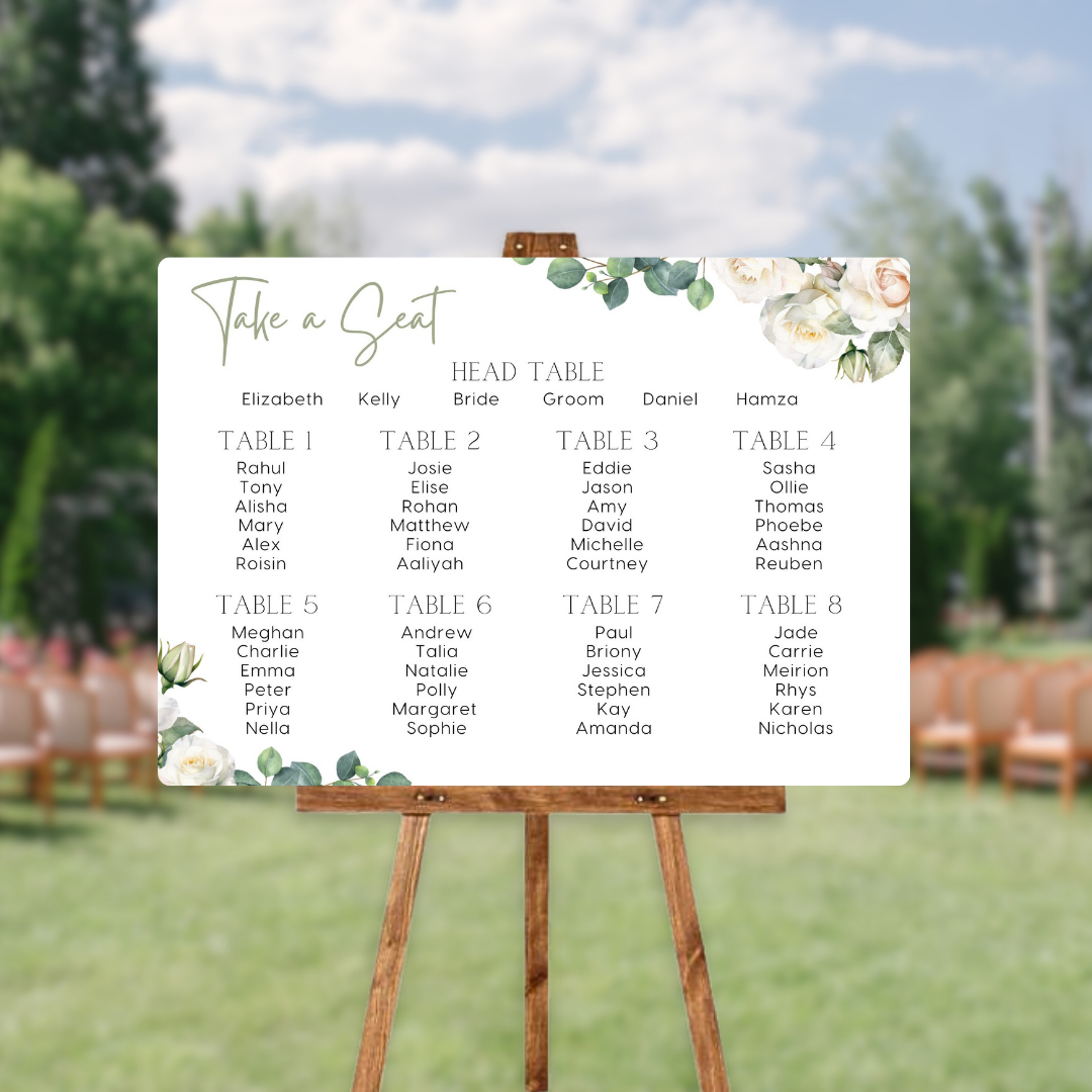 white roses floral seating plan wedding sign - personalised wedding sign