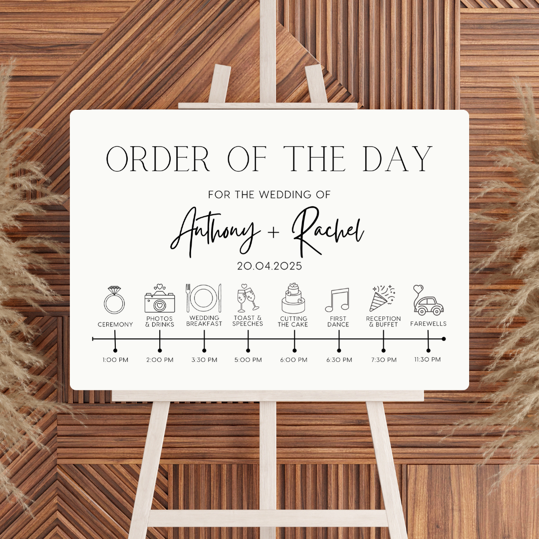 minimalist order of the day sign - affordable personalised wedding signs