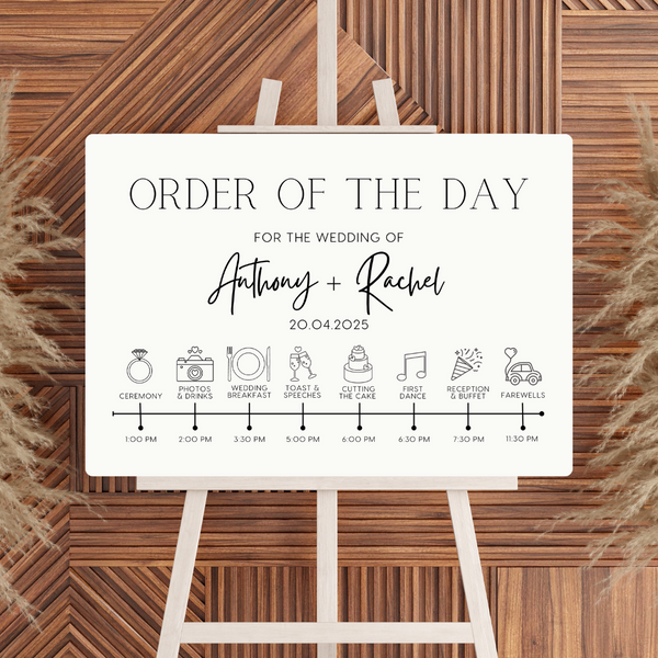 minimalist order of the day sign - affordable personalised wedding signs