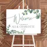 wedding welcome sign featuring eucalyptus foliage