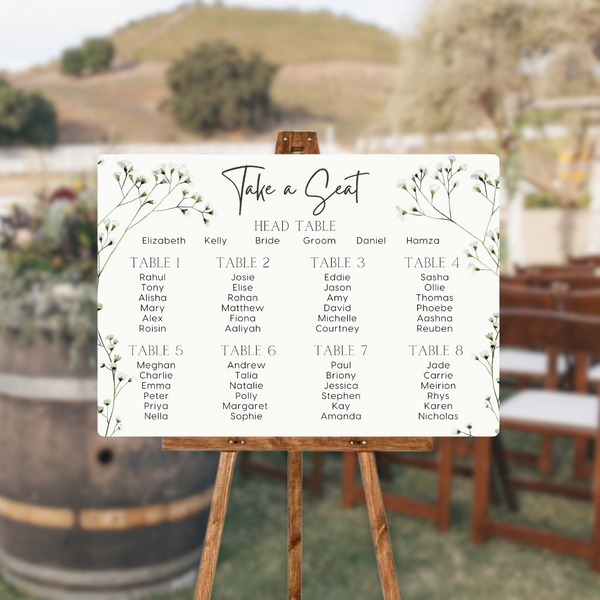 baby's breath floral seating plan wedding sign - affordable perosnalised wedding signs