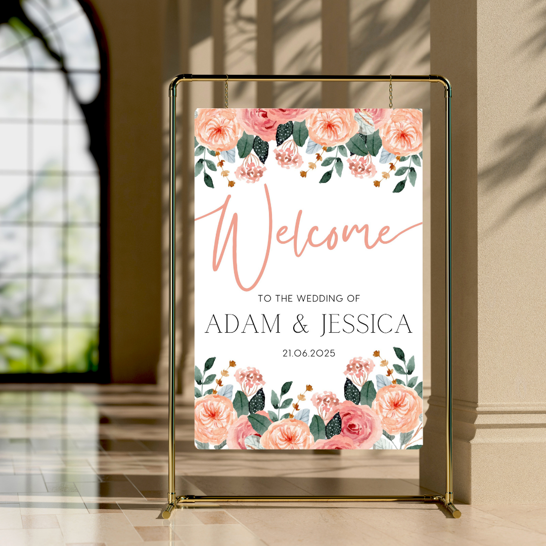 pink and peach floral wedding welcome sign - personalised wedding signs