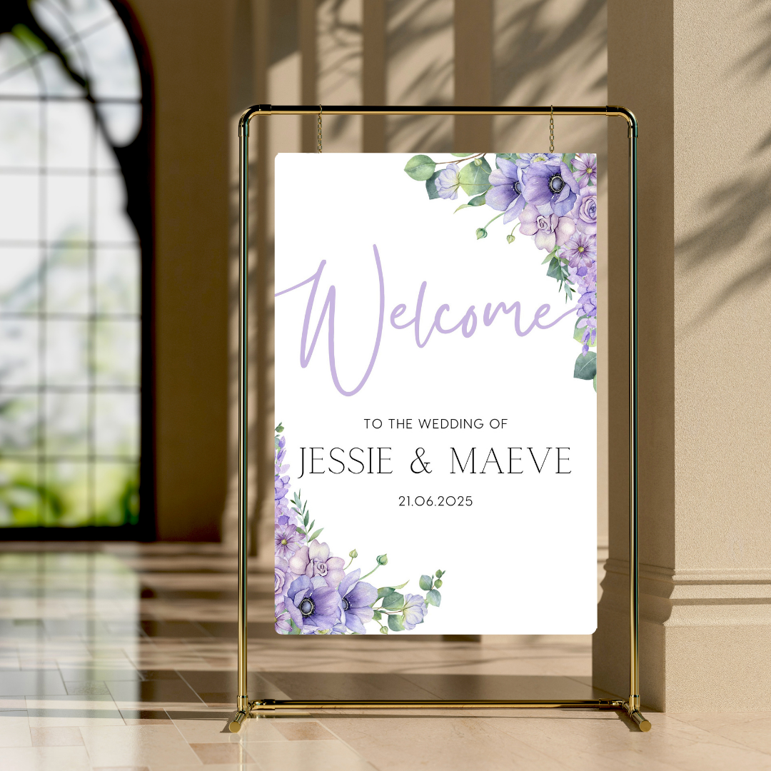 lilac and lavender floral wedding welcome sign - personalised wedding signs