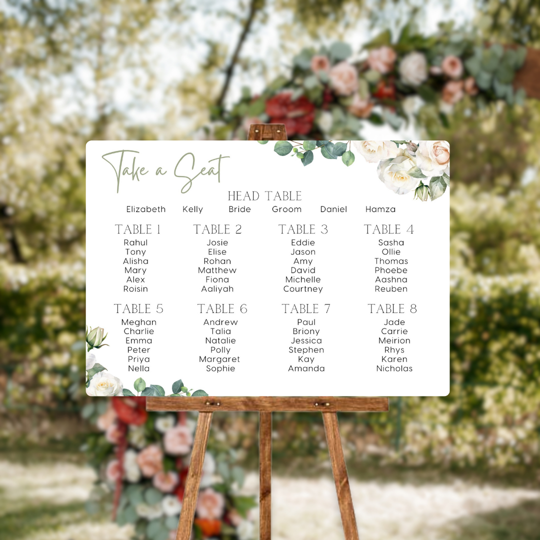 white roses floral seating plan wedding sign - personalised wedding sign