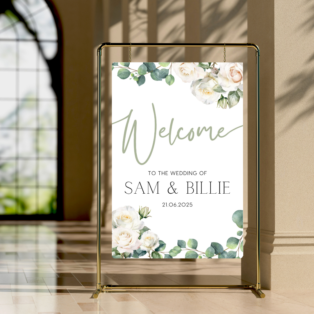 white roses floral wedding welcome sign - personalised wedding signs