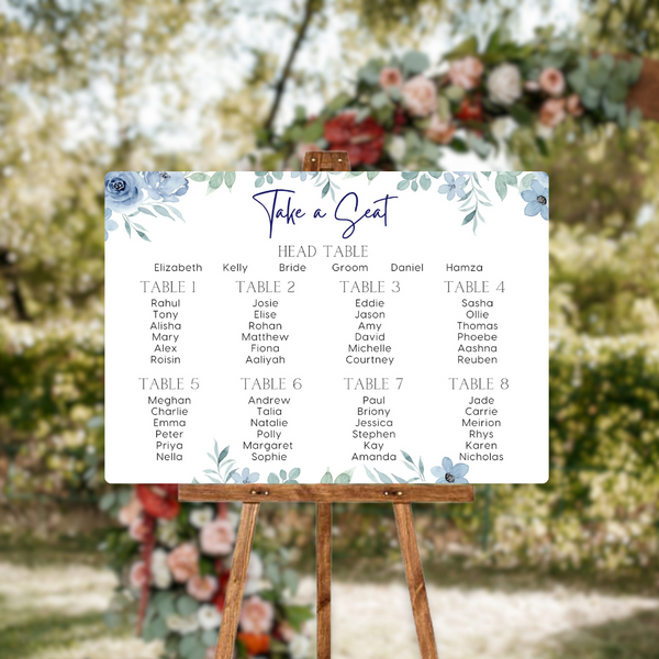 Blue floral seating plan sign for wedding - personalised wedding sign