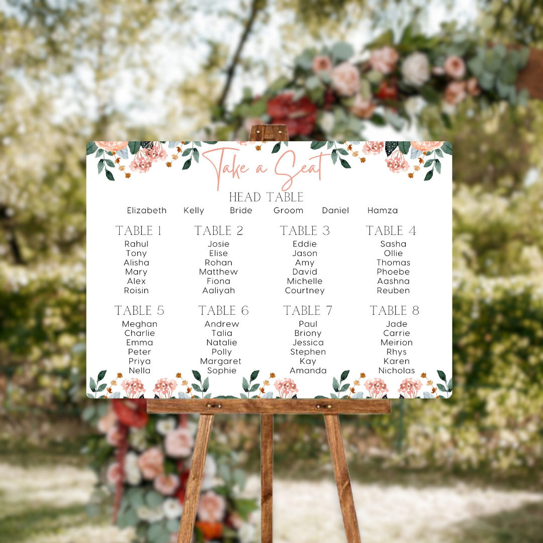 pink and peach floral seating plan sign for wedding - personalised wedding sign