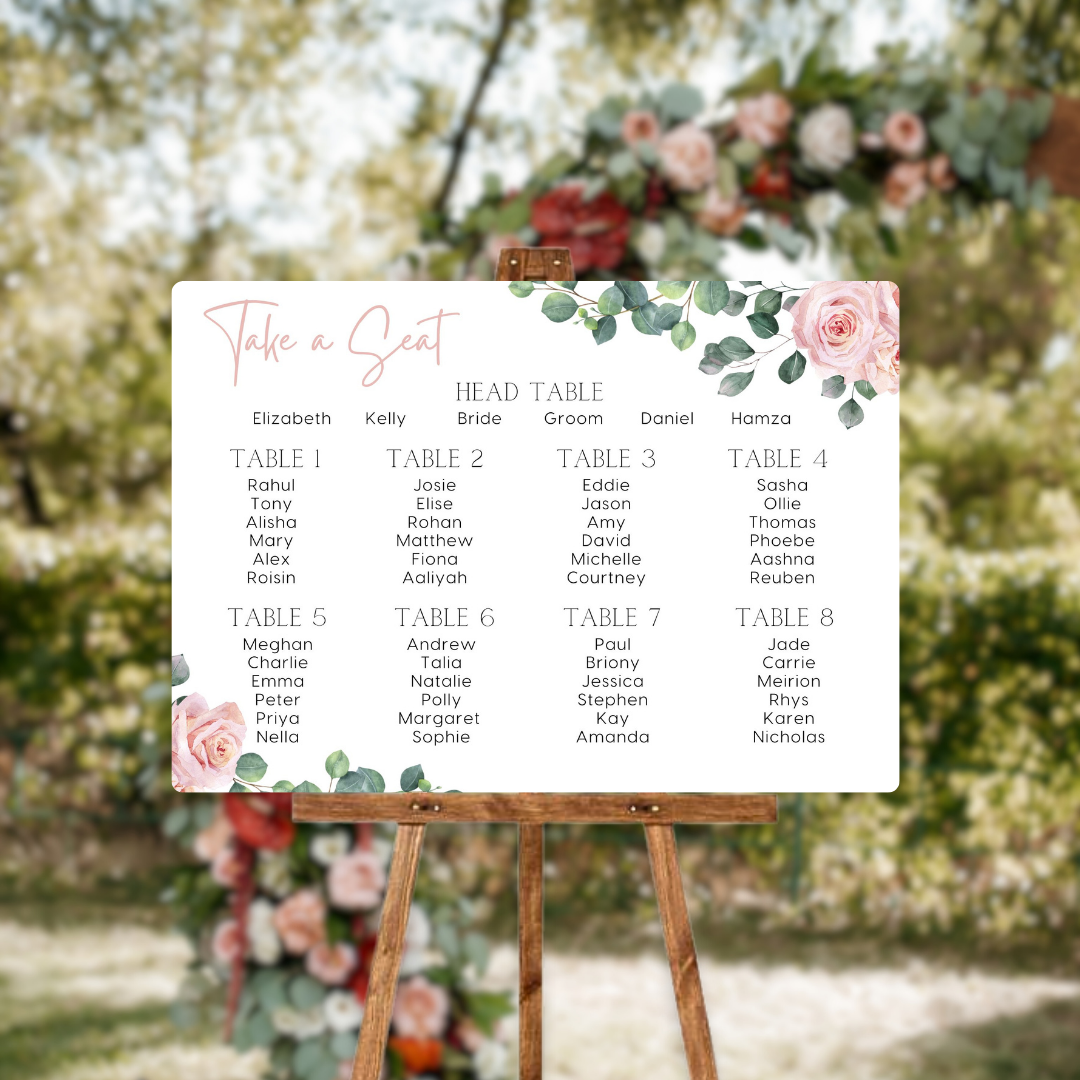 pink roses floral seating plan wedding sign - personalised wedding sign