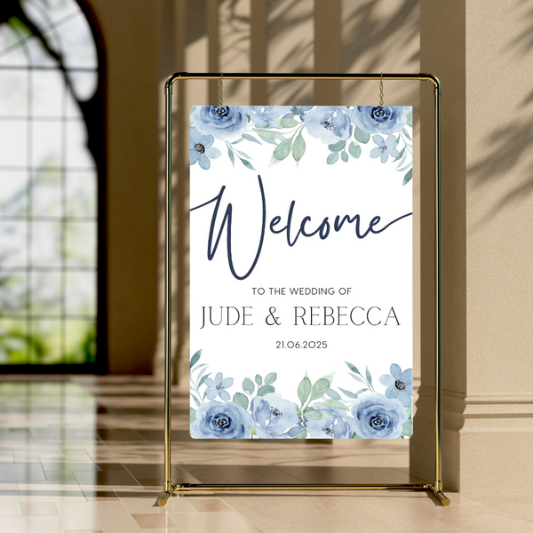 blue floral wedding welcome sign - personalised wedding signs