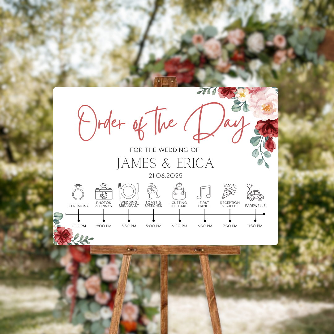 Red and cream floral order of the day sign for weddings - personalised - customizable