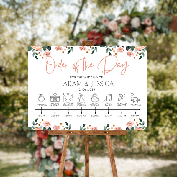 pink and peach floral order of the day sign for weddings - personalised - customizable