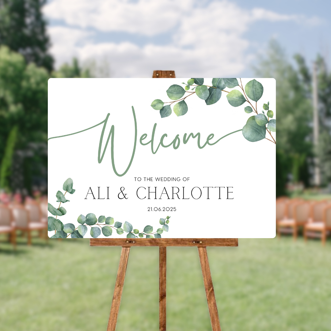 wedding welcome sign featuring eucalyptus foliage