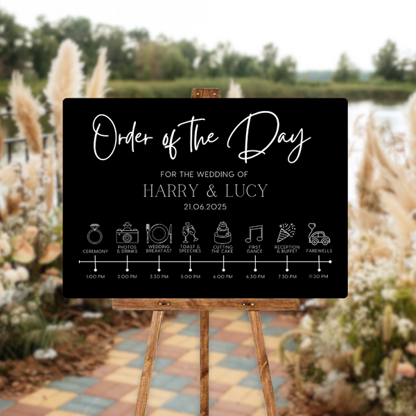 Timeless design white order of the day sign for weddings - personalised - customizable