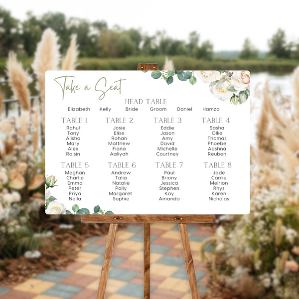 white roses floral seating plan wedding sign - personalised wedding sign