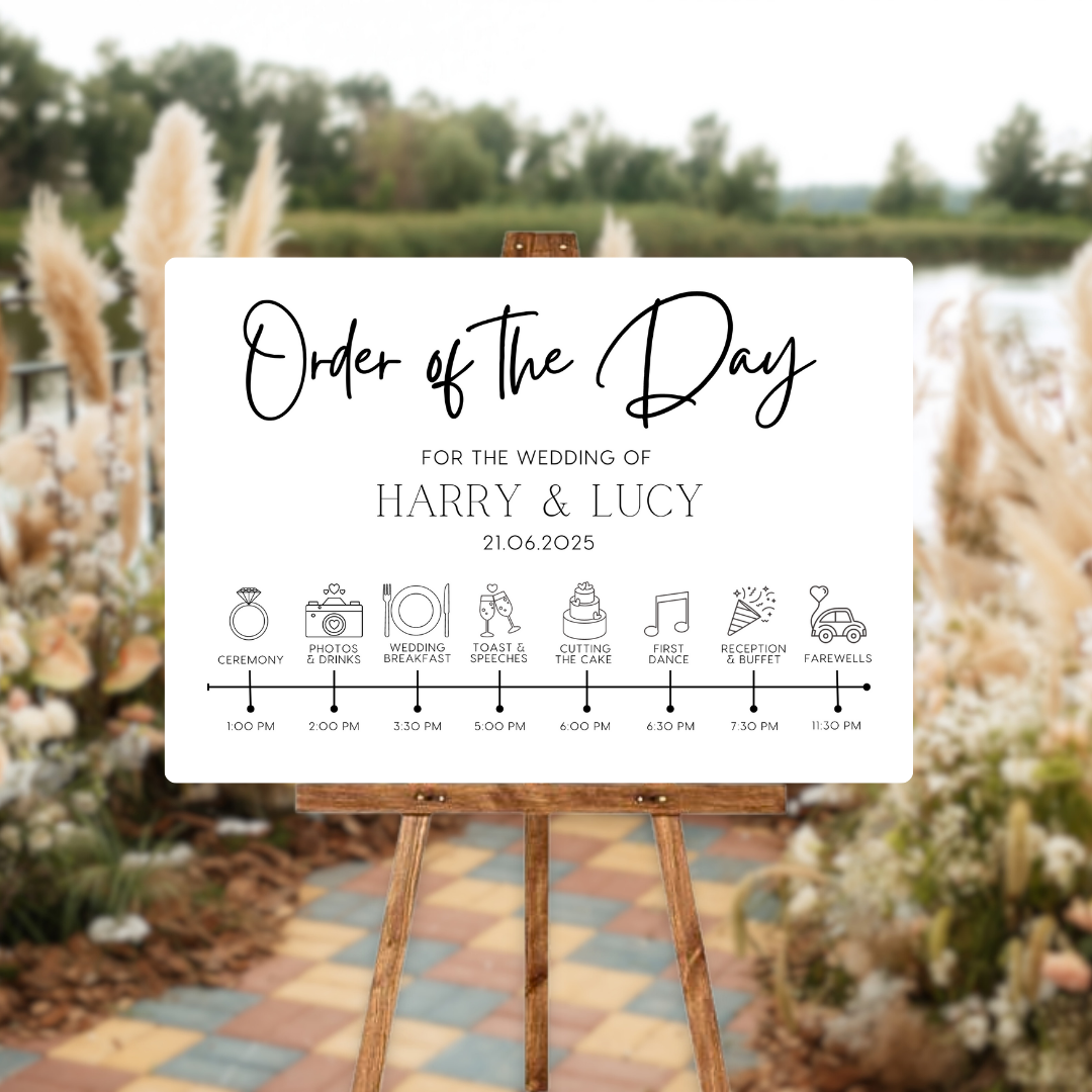 Timeless design white order of the day sign for weddings - personalised - customizable