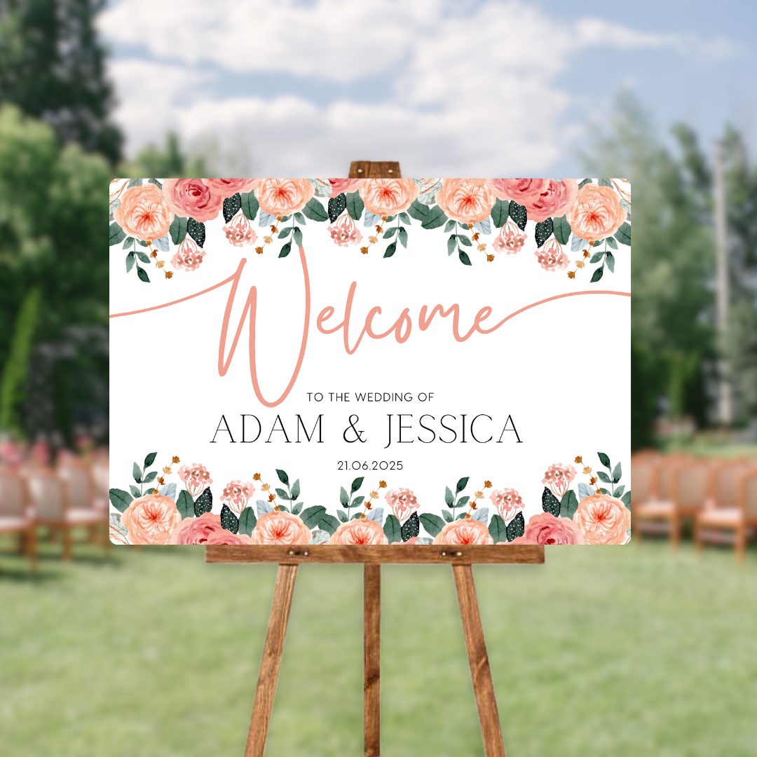 pink and peach floral wedding welcome sign - personalised wedding signs