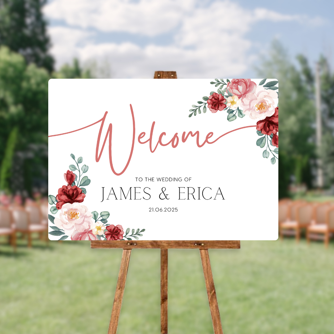 red and cream floral wedding welcome sign - personalised wedding signs